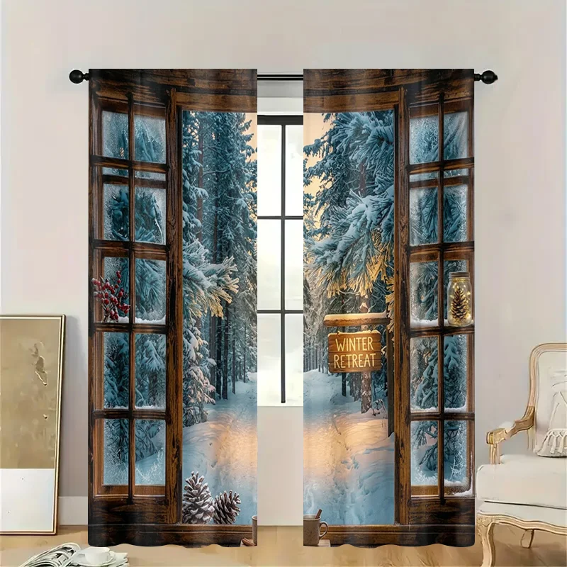 Decorative Translucent Snowy Winter Forest Curtain Window Dressing Rustic Cabin Landscape Nature Themed Drapes Sheer Light Filte