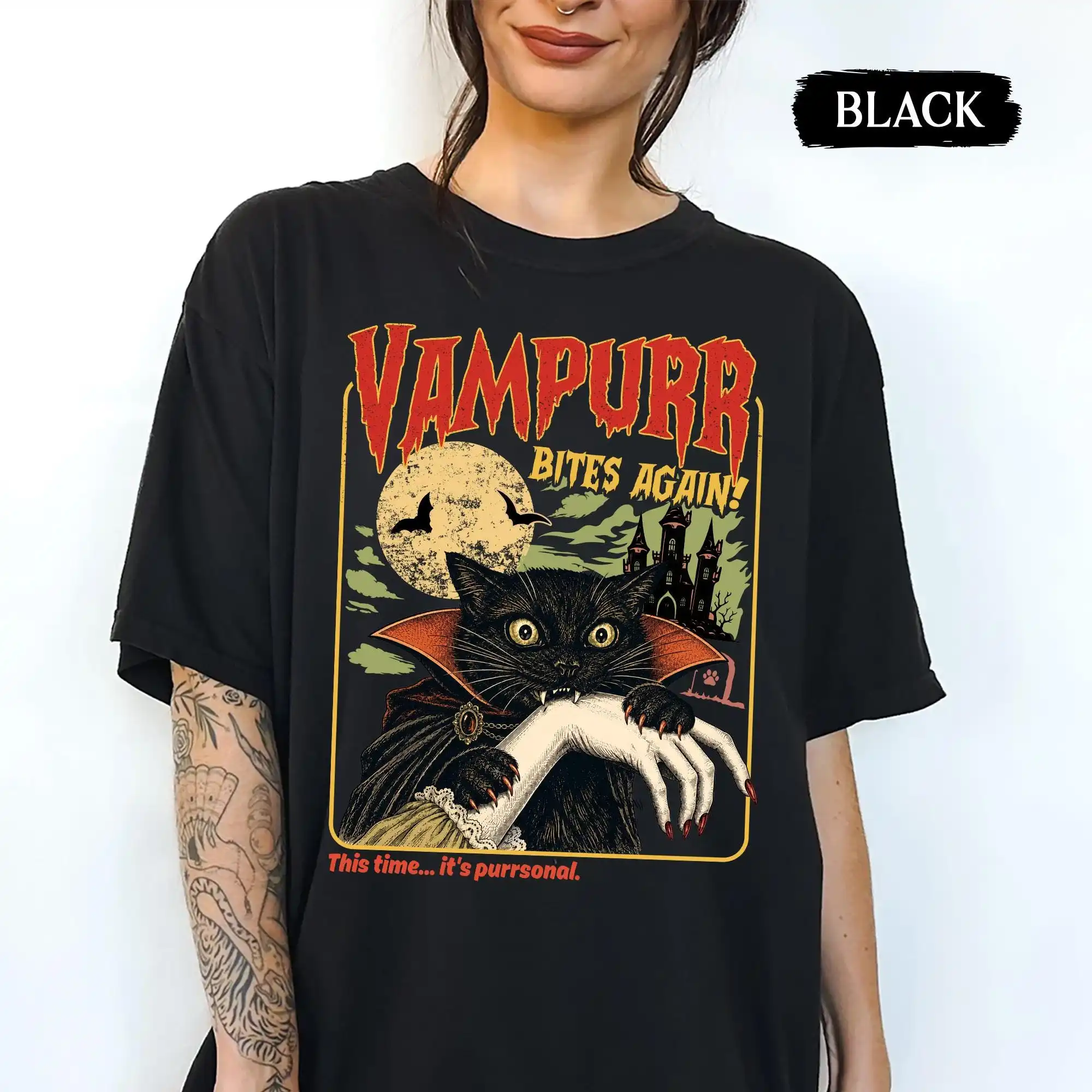 Funny Cat Halloween Shirt: Vampurr Bites Again Halloween Tee, Spooky Black Cat Lover, Funny Vampire Cat Tee