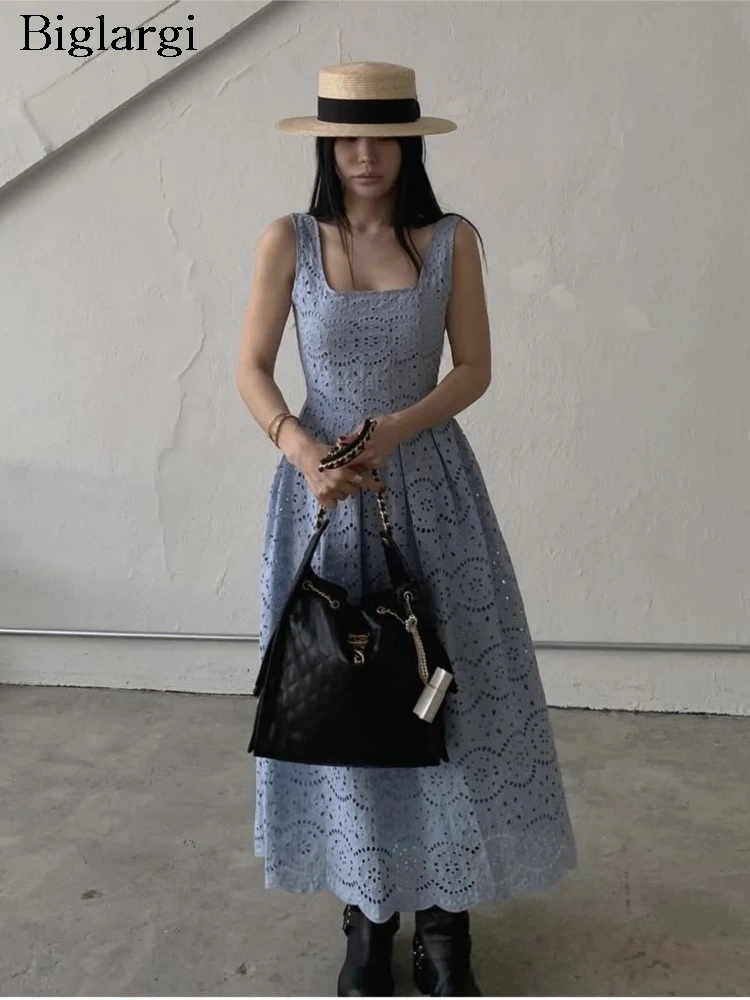 

Summer Slip Sleeveless Dress Women Embroidery Hollow Out Modis Slim Waist Ladies Dresses Ruffle Pleated Korean Style Woman Dress