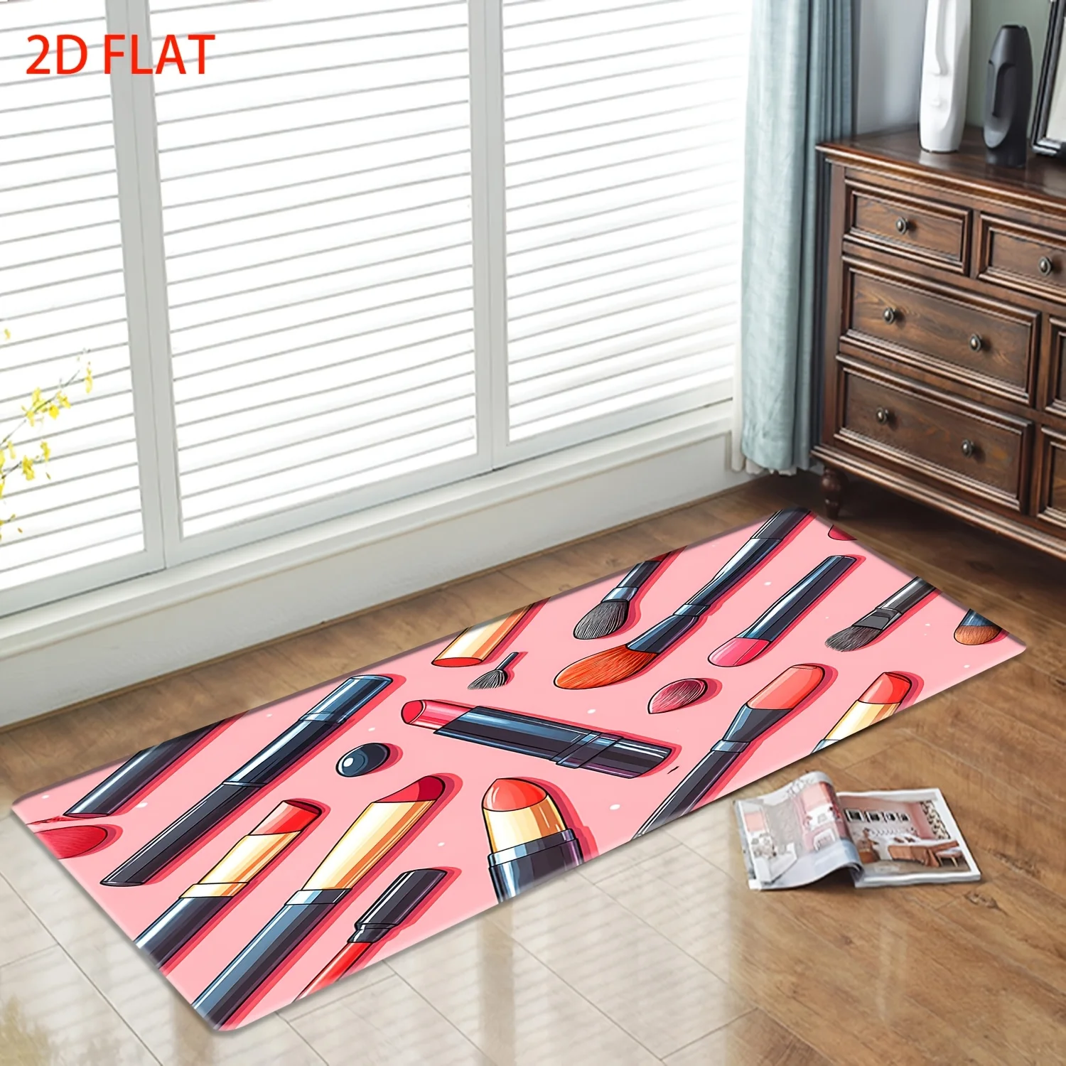 2D FLAT 1pc 100% Polyester Lipstick Makeup Brush Pattern Long Runner Rug, Indoor Non-Slip Decorative Carpet, Machine Washable