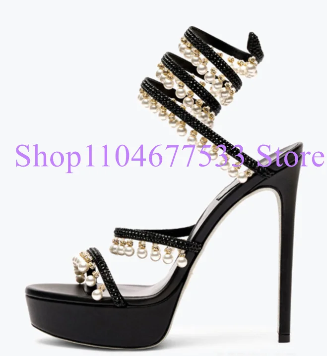 

New Snake Strap Pearls Decor Lady Platform Sandals Shoes Sexy Thin Heel String Beads Gladiator Sandals Woman Dress Party Pumps