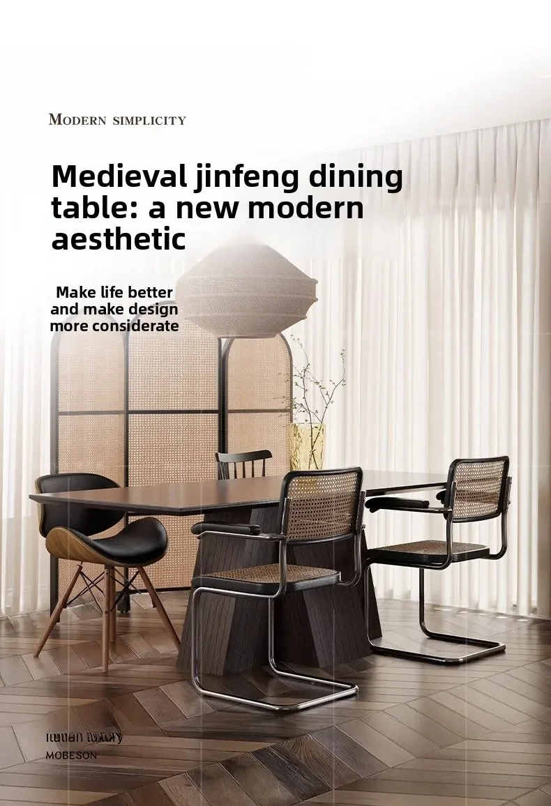 French medieval black rock slab dining table and chair combination household solid wood high-end small apartment rectangular
