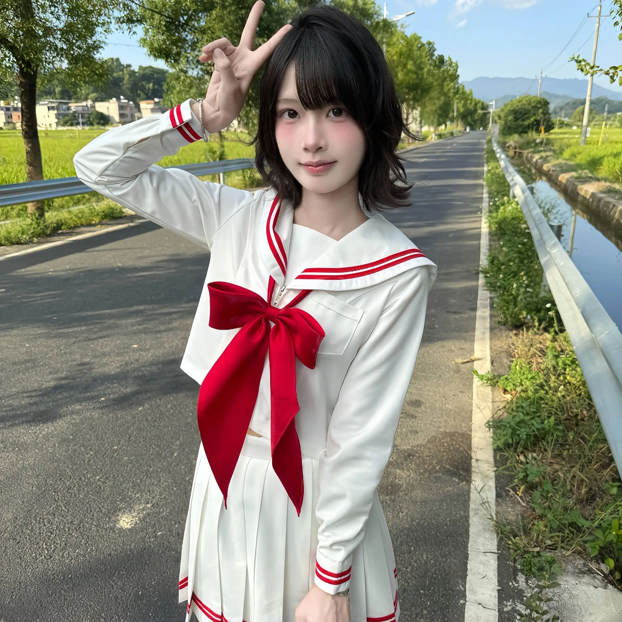 Red Japanese Style Red Basic Sailor Uniform JK Uniform Short-sleeved and Long-sleeved Set School Uniform Preppy Style Cos