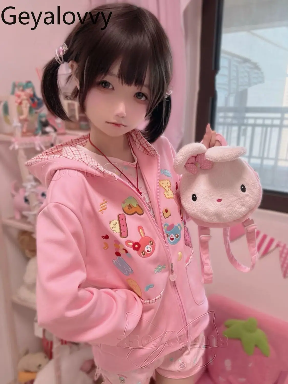 

Japanese Style Sweet Cute Girl Coats Pink Hooded Coats for Women Plaid Sweatshirt Long Sleeve Top Fashion Casual Jacket