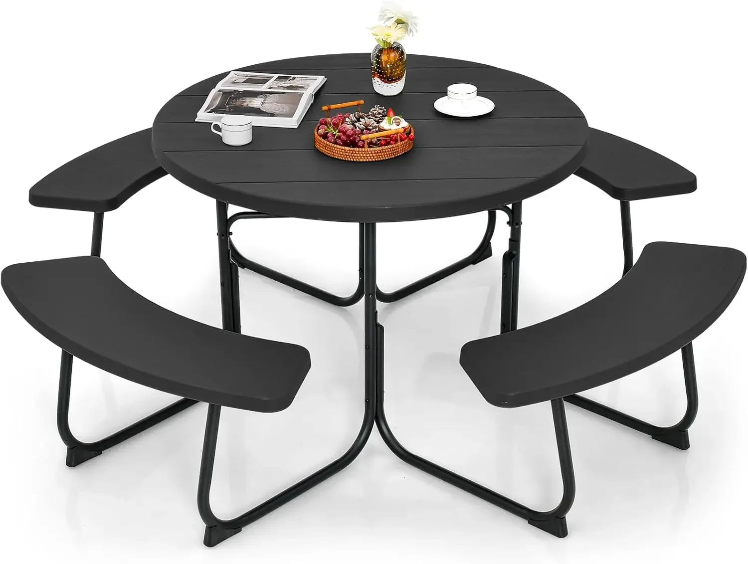 Picnic Table Set for Up to 8 Persons, Round Outdoor Table and Bench Set with Umbrella Hole, HDPE Top & Metal Frame,(Black)