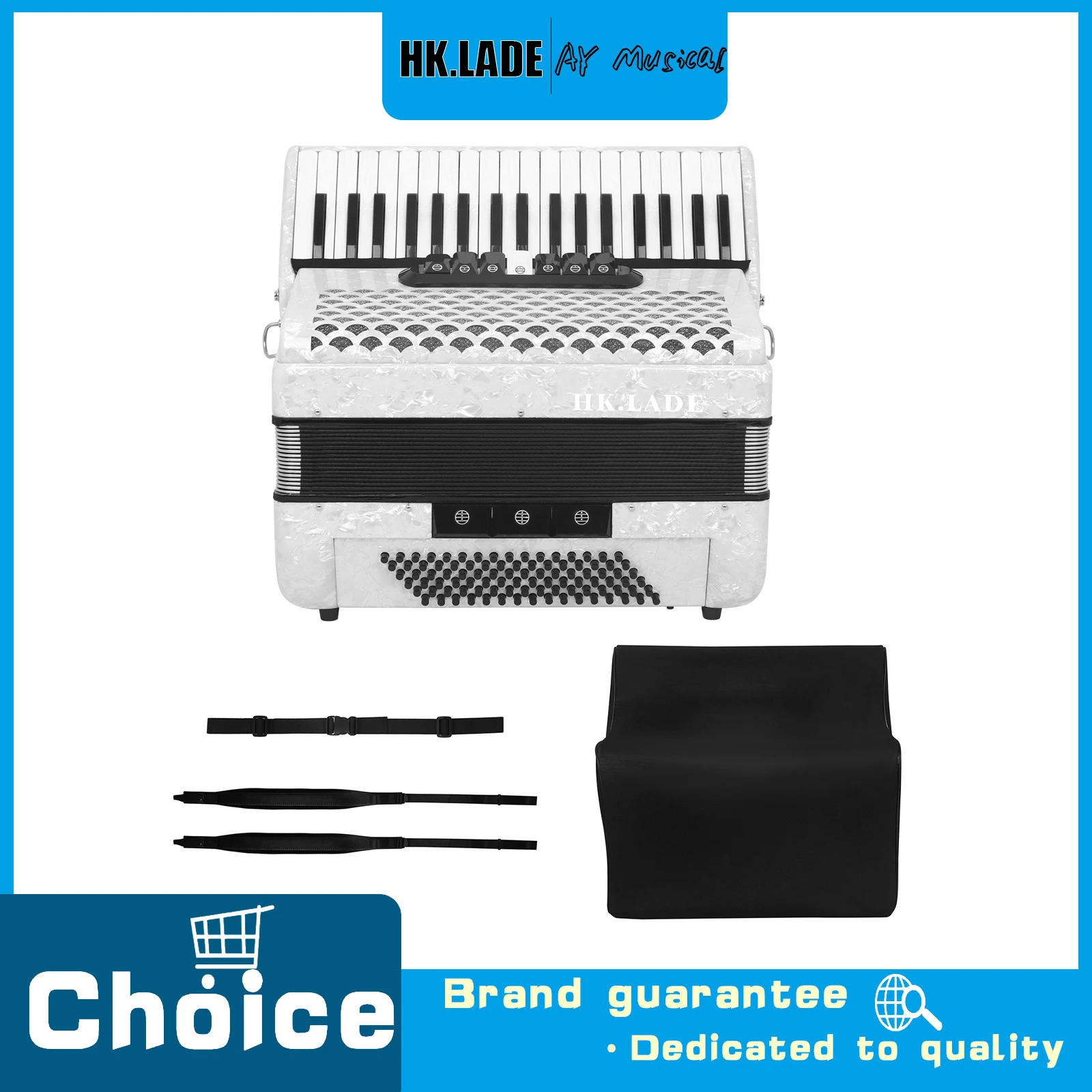 HK.LADE AH-100 37 Keys 96 Bass Accordion White Pearlescent Accordion Complete Kit with Shoulder Straps for Accordion Lovers