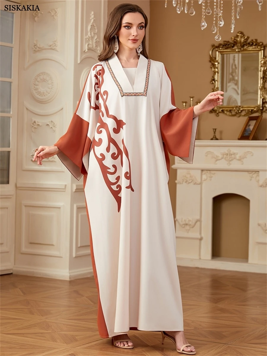 

Siskakia New Dubai Split Batwing Sleeve Abayas Patchwork Floral Print Long Modest Dresses 2025