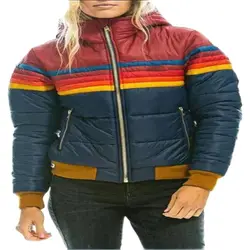 Ropa de algodón para mujer, Parkas con capucha y cremallera a rayas, chaqueta de arcoíris con bolsillo de empalme, prendas de vestir exteriores para mujer, otoño e invierno, 2022