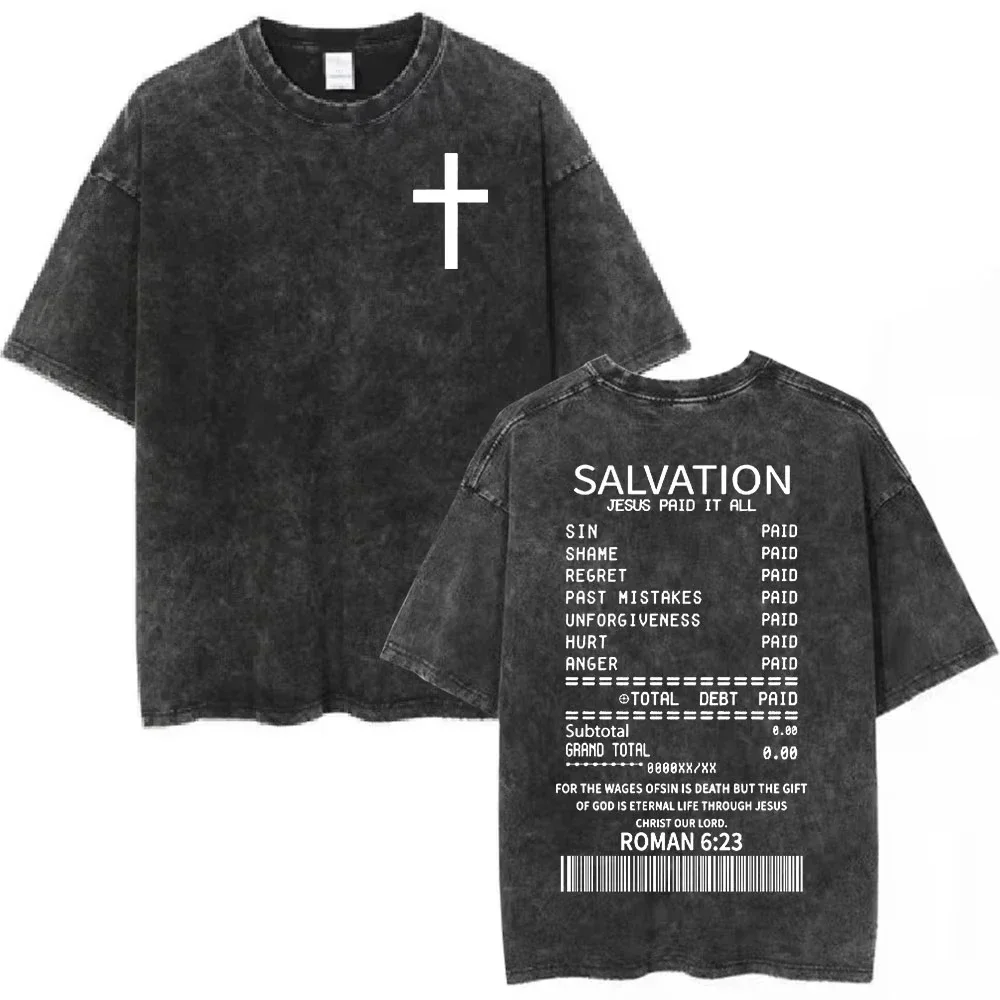 

Salvation Jesus Paid It All Vintage Washed T Shirts Christian Bible Verse T-shirts Men Women Fashion Oversized Cotton Tshirts