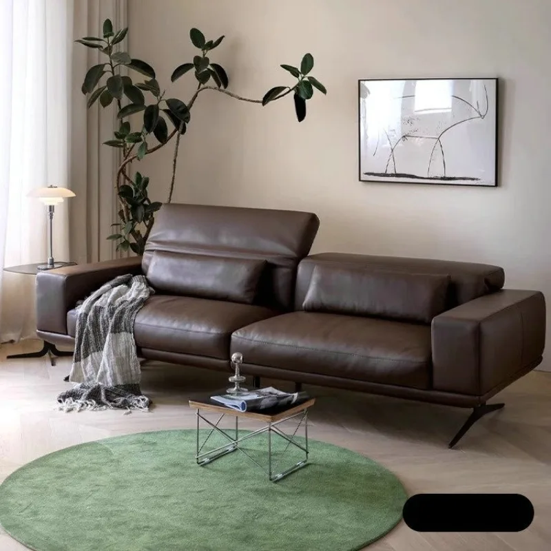 

Italian minimalist black leather sofa first layer cowhide straight row medieval retro sofa
