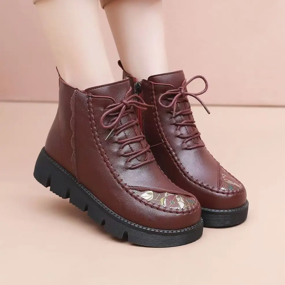 

Women Leather Lace Up Ankle Snow Boots Thick Sole Non Slip Waterproof Thicken Plush Keep Warm High Top Flat sole Cotton Boots