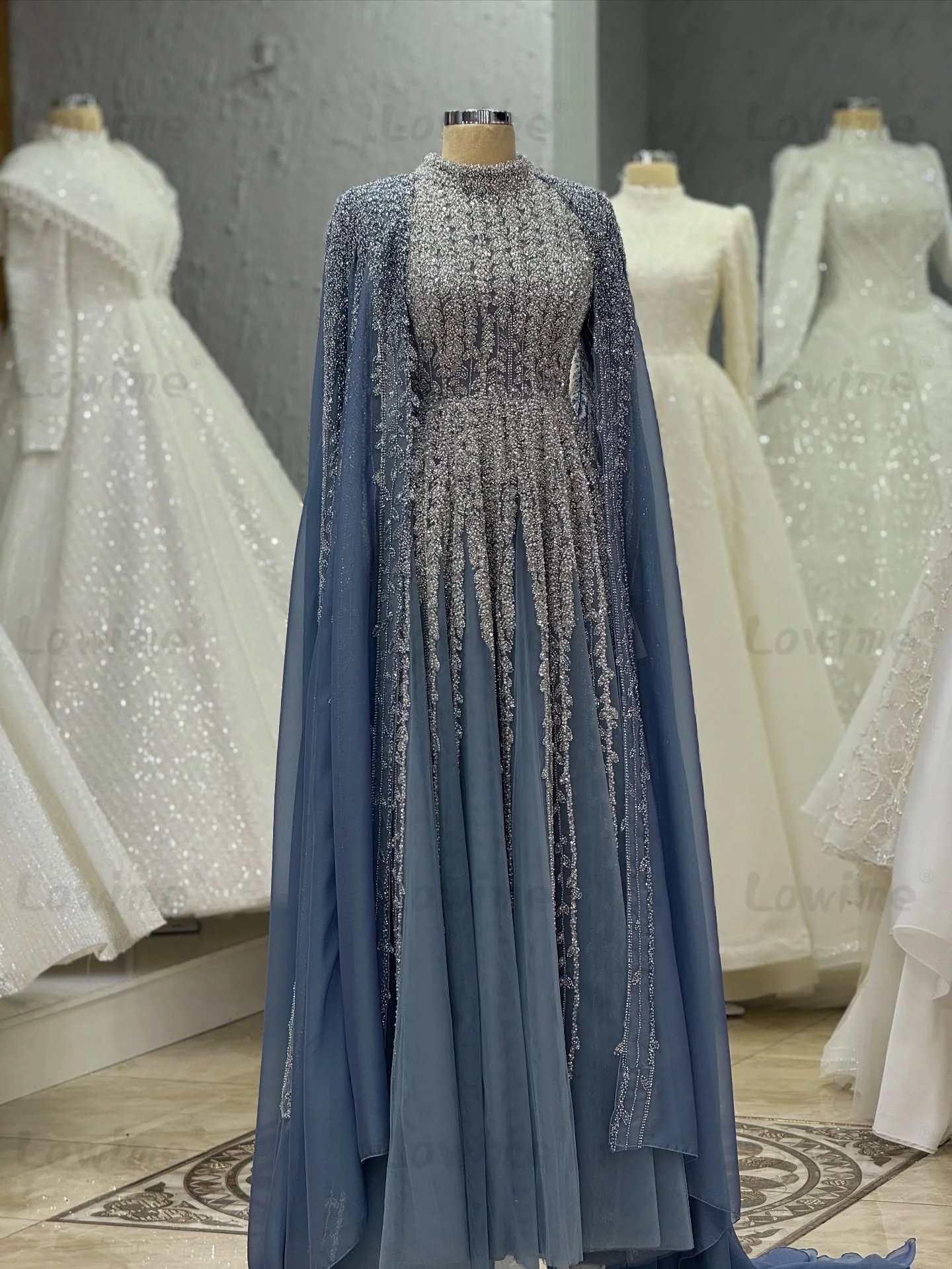 

Muslim Green Blue Champagne Formal Evening Dress Beaded Cape Sleeve Arabic Dubai Women Party Dresses Customized A Line Prom Gown