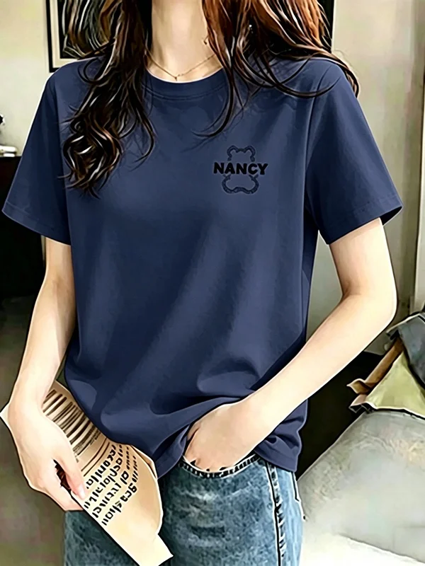 

Fashionable Short Sleeve T-Shirt Women's Summer New Loose Match All Polyester Fiber Breathable Print round Neck Regular Sleeve