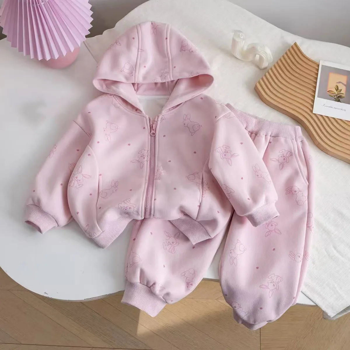 2026 New Autumn Girls Thickened 2Pcs Outfit Pink Bunny Print Casual Hoodie Sweatshirt Jacket + Sweatpants Fashion Two Piece Set