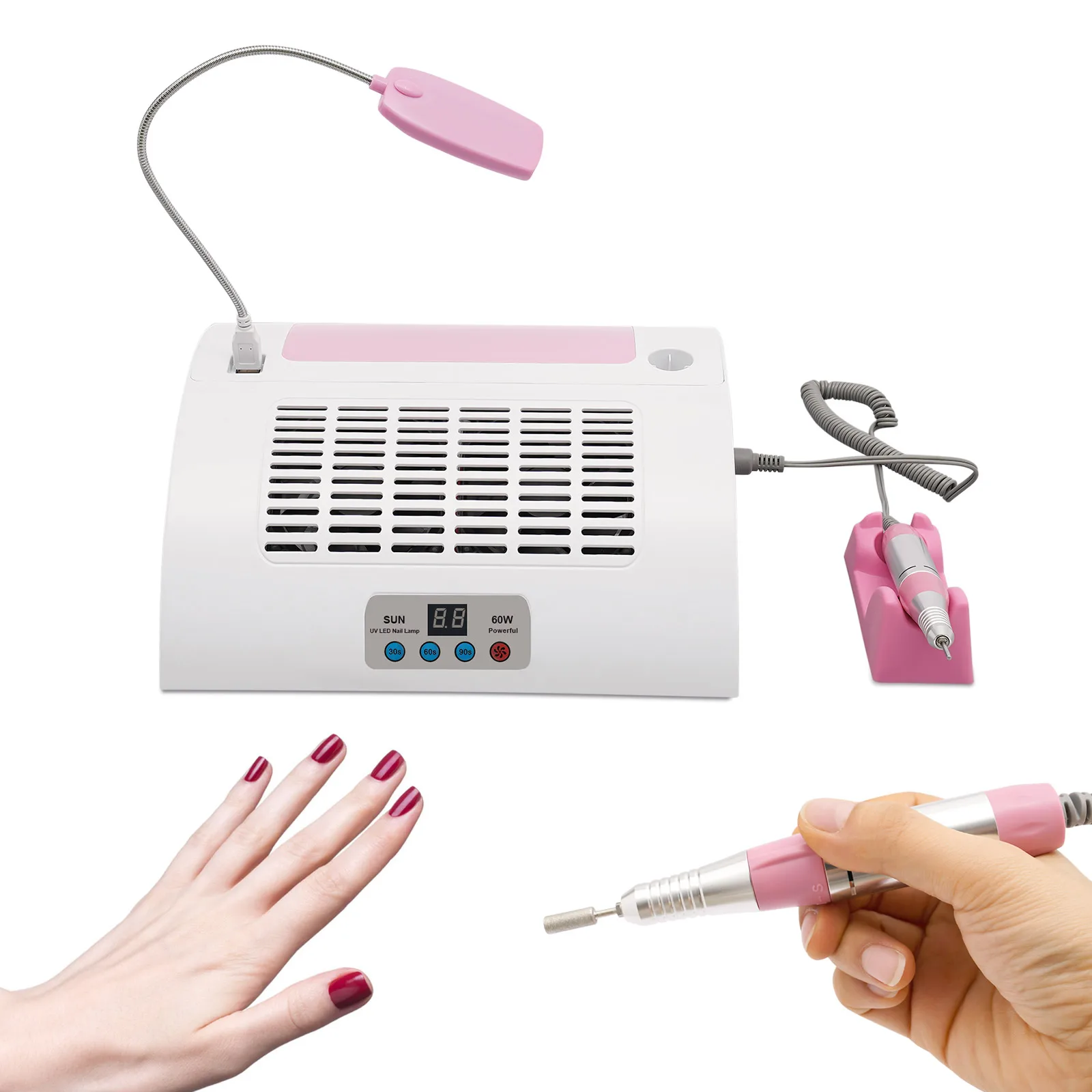 5 in 1 Electric Nail Drill Machine with 6 Nail Sand Rings + 6 Grinding Heads Multi-Functional 60W UV LED Nail Lamp