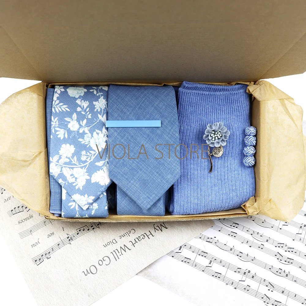 Viola Design Gift Box Cotton Sock&Tie Sets Clip Pin Cufflinks Hanky Solid Floral Pink Purple Men Wedding Party Cravat Accessory