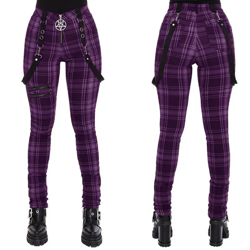 2021 Fashion Gothic Plaid Strap Pants For Women High Waist Punk Zipper Design Casual Tight Long Pants Hip Hop Streetwear Trouser