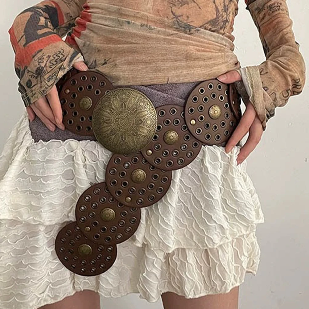 

Retro Metal Wide Belt Brown Cowgirl Concho Belts Women Western Hippie Chunky Disc Vintage Decorative Exaggerated Hollow Metal