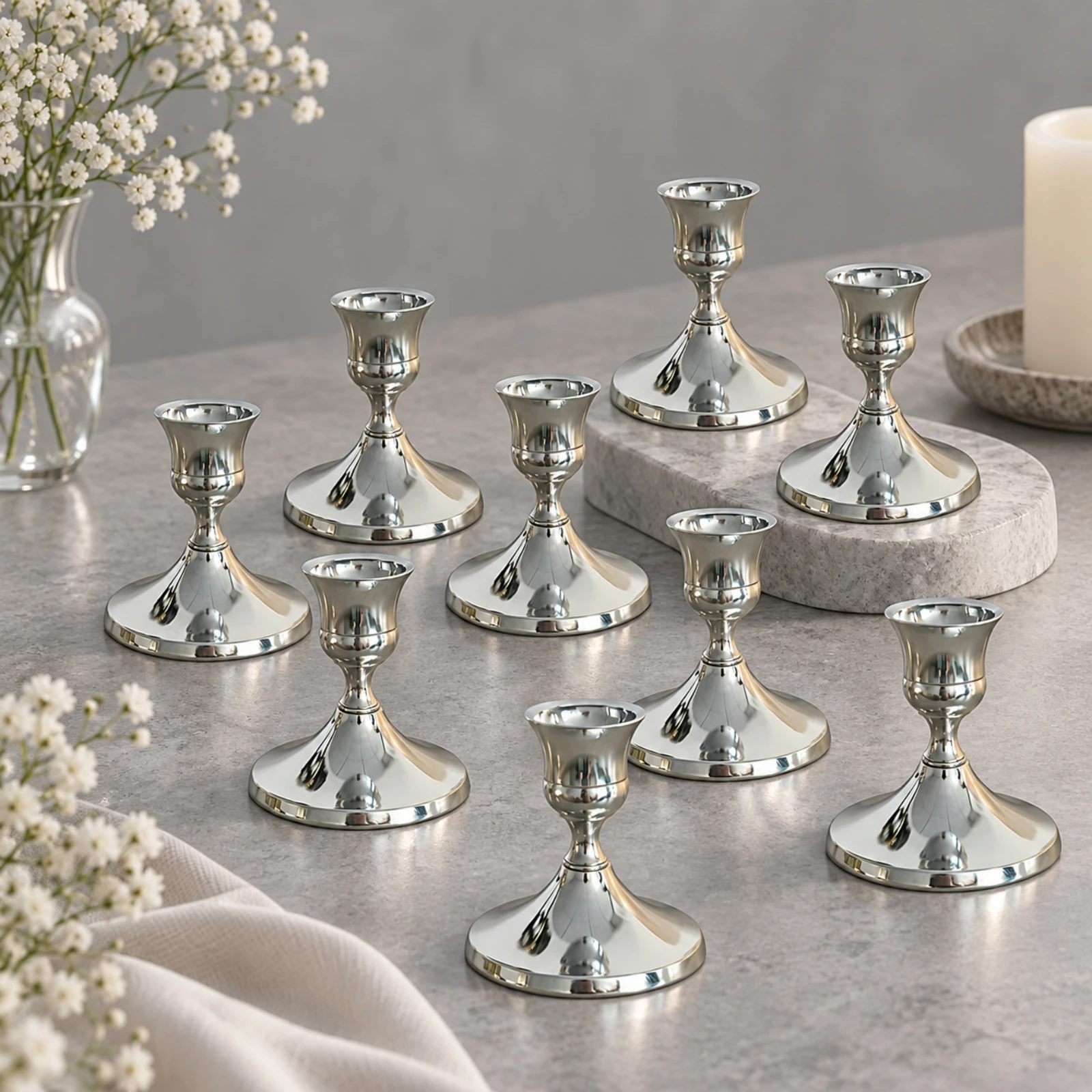 24 Pieces Round Base Candle Stand with Narrow Stem Elegant Iron Candlestick Holder Tabletop Candlestick Sleek