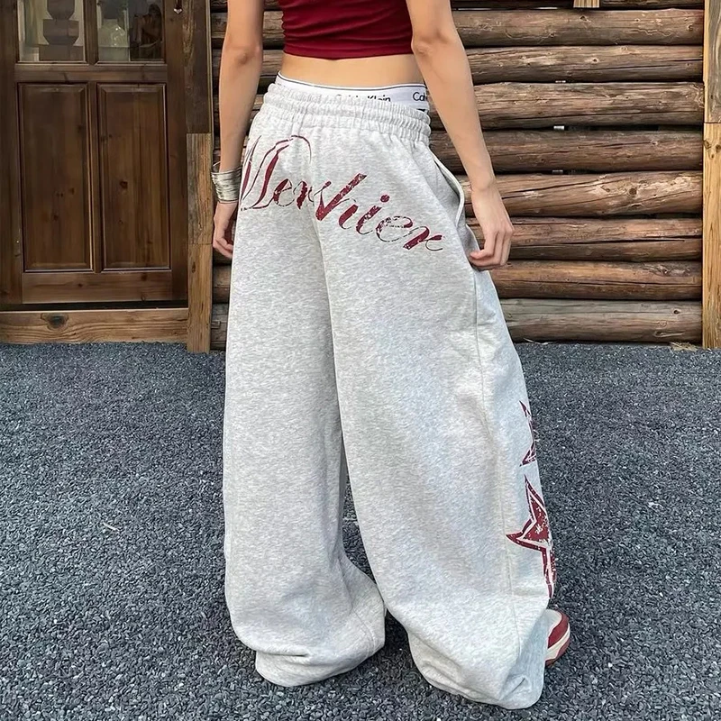 American Casual Lazy Sweatpants Women Hiphop Loose Jazz Cargo Pants Star Print Drawstring Wide Leg Trousers Harajuku Y2K