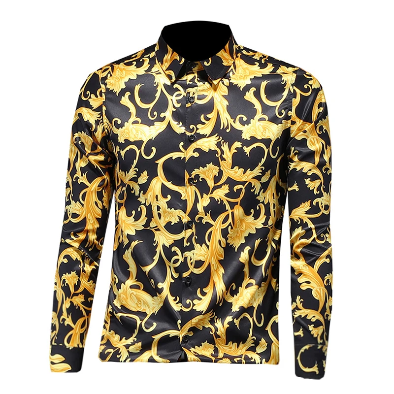 

Luxury high quality graphic print punk style silky casual long-sleeved shirt spring new youth men's slim shirt yellow large size