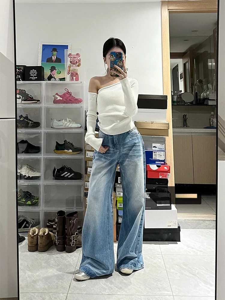 

High Waist Wide Leg Jeans Women's American Style Washed Denim Pants Summer Trendy Floor-Length Loose Straight Cut Trousers