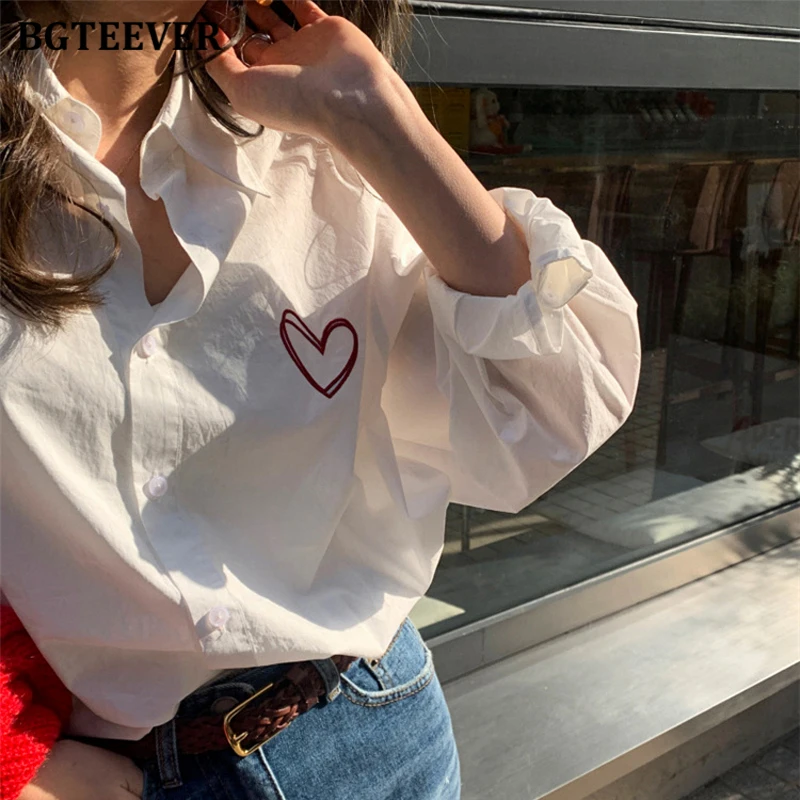 BGTEEVER Fashion Lapel Heart Embroidery Printed White Shirts for Women Full Sleeve Single-breasted Ladies Blouses Autumn