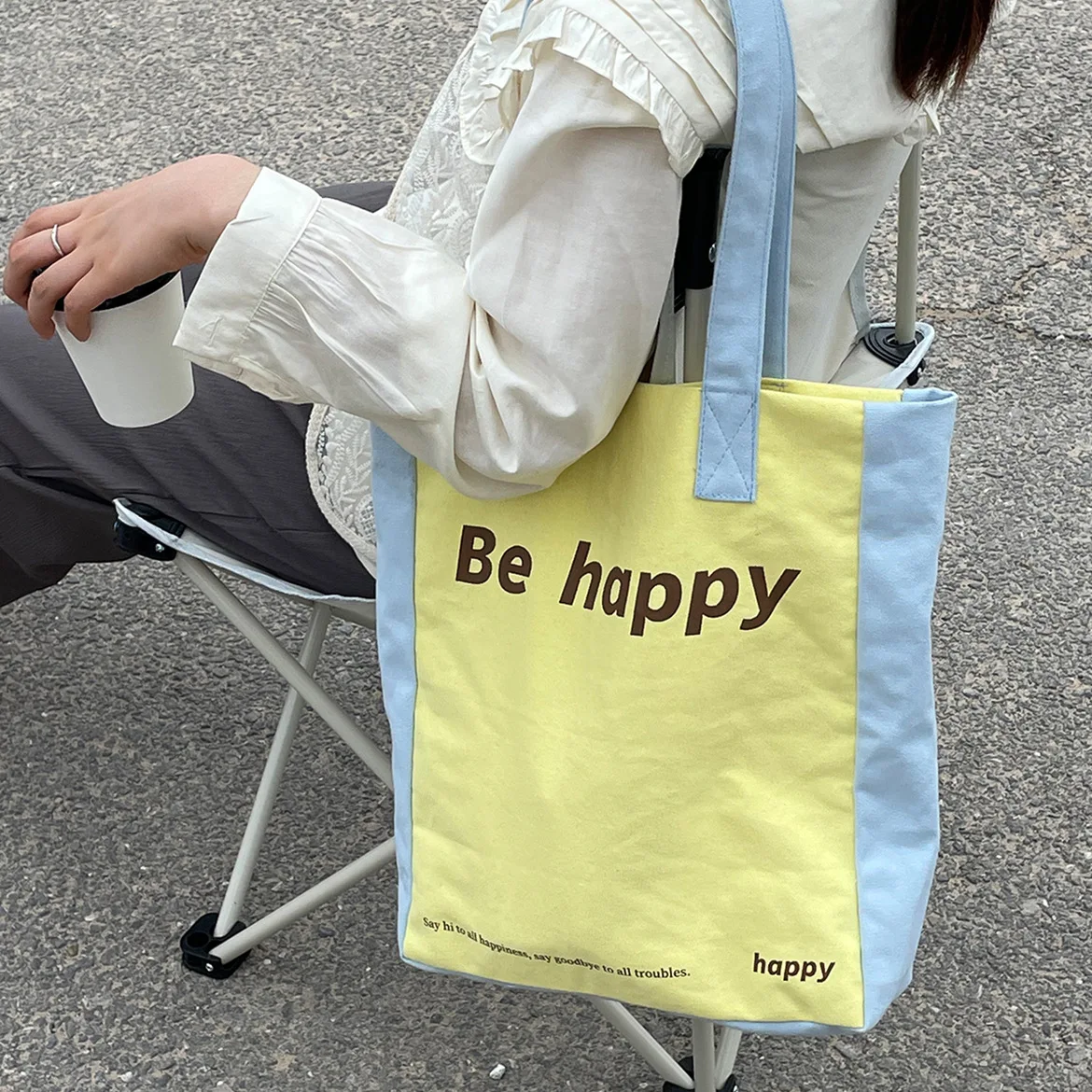 Borsa per ragazze estate nuova borsa a tracolla ad alta capacità in tela "be Happy" borsa per la spesa Bookbag All-match