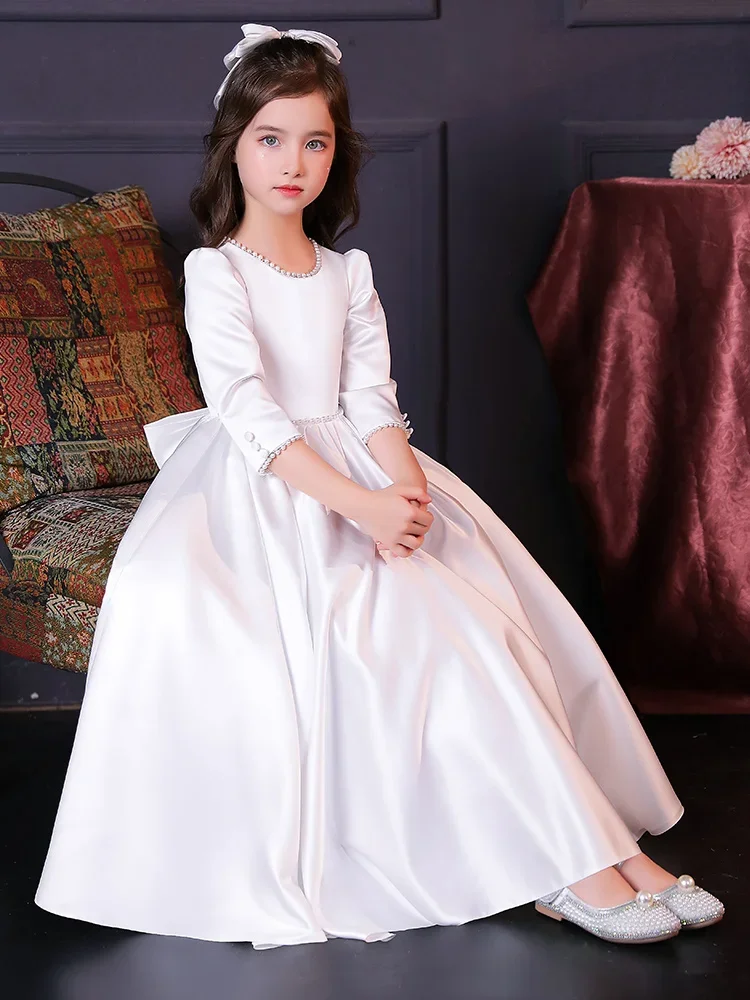 

Flower Girl DressesWhite Satin Flower Girl Dress For Wedding Elegant Pearls Puffy With Bow Princess Birthday Party First Communi