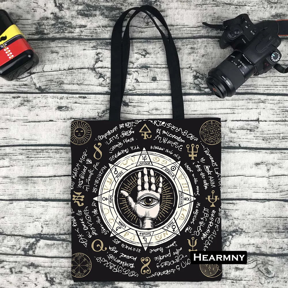 Mandala White Black Sun and Moon Print Linen Totes Bag Tarot Hippie Eco Shoulder Bag Shopping Bolsa Shopper Summer Bag