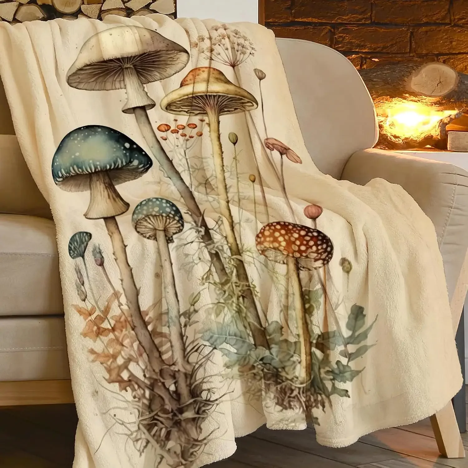 Antique Off White Watercolor Forest Mushroom Weed Root Plant Painting Flannel Blanket Cozy Throw for Couch Travel Indoor Home