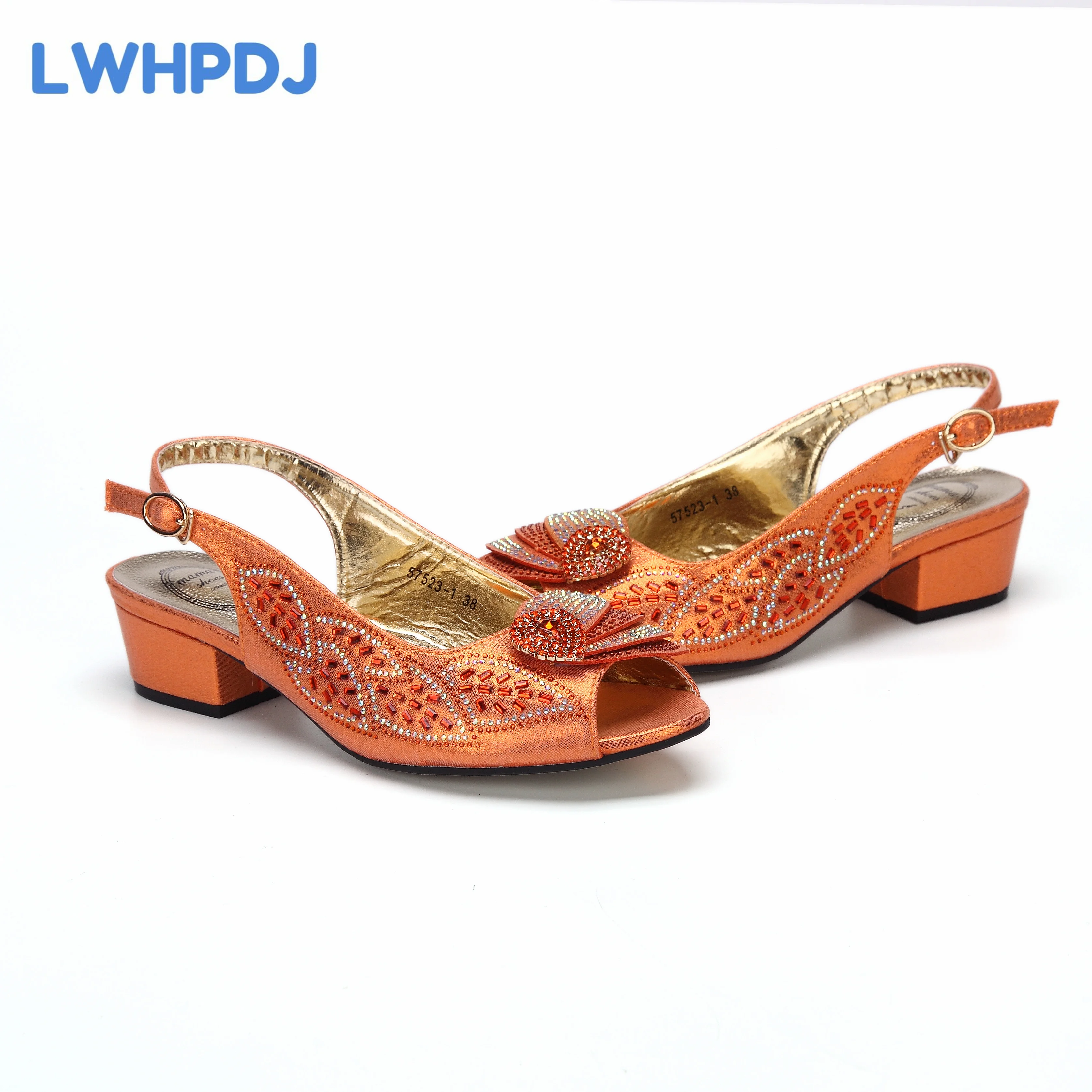 2024 Elegant Woman Low Heels Wedding Italian Design Rhinestone Flower Orange Color Shoes and Bag Set for Lady Party