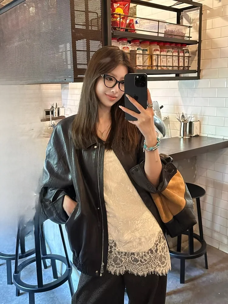 معطف نسائي من الجلد الصناعي من EKOOL بياقة عالية وتصميم نحيف وفضفاض متعدد الاستخدامات للخريف، معطف راكبي الدراجات النارية أنيق وجديد