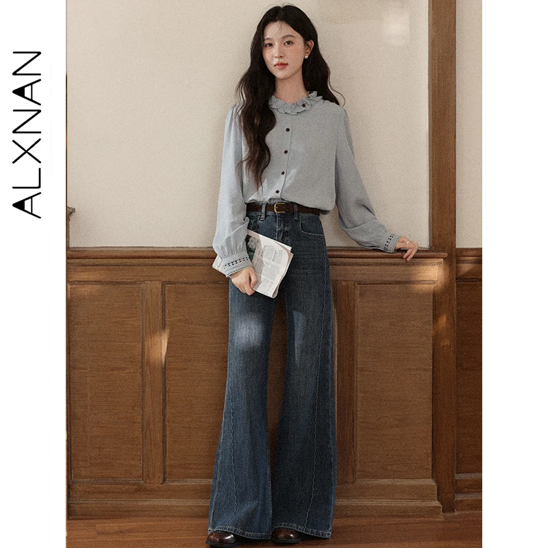 

ALXNAN Blue Vintage Jeans High-Waist 3D Floral Pockets Woman's Flared Jeans Autumn Casual Versatile Commuting Trousers L58072