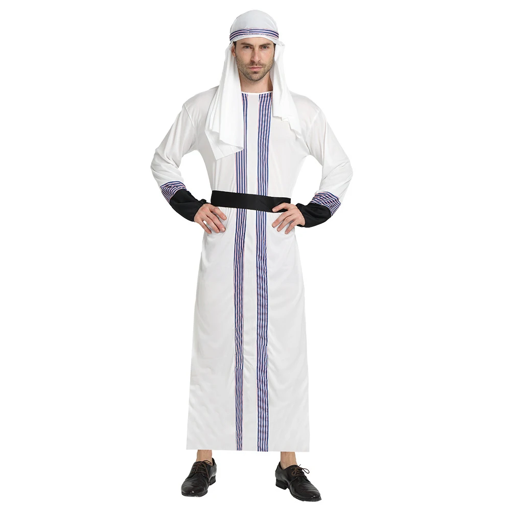 Adult Men Arabian Arab Sheikh Cosplay Costume Dubai Rich Man Middle East Clothes Sultan Purple Stripe Robe Purple Headband