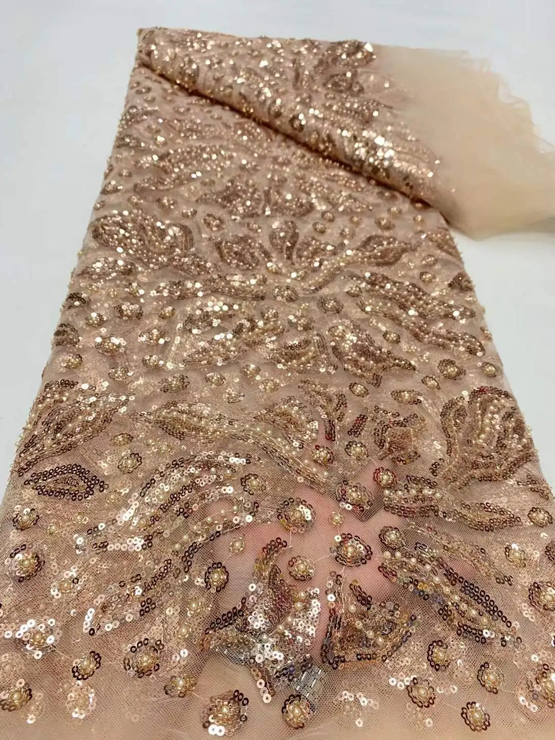 

France High-End Beaded Lace Fabric Nigerian Embroidery Beads With Sequins Mesh Lace Fabric For Wedding Party Dress Women Sewing