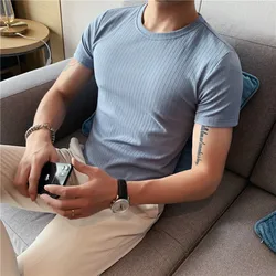 2023 Summer Thin Dark Striped T Shirt Men's Clothes Short Sleeved Round Neck Slim Fit Elastic Tee Tops All-match Bottoming Shirt