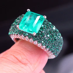 ARIGAYA High Craft 925 Sterling Silver With Created Paraiba Tourmaline Emerald Green Diamond Gemstone Ring Luxury Fine Jewelry