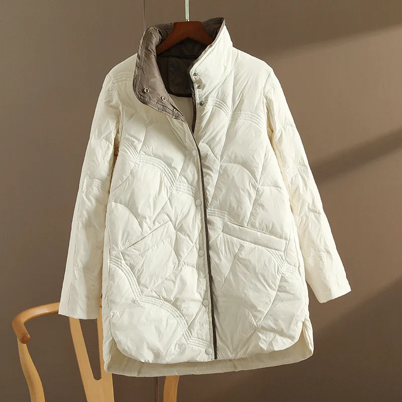 Caldo e spesso piumino d'anatra bianco Parka 2025 Autunno Inverno Donna Slim Colletto alla coreana Piumino allentato Cappotto lungo da donna Capispalla
