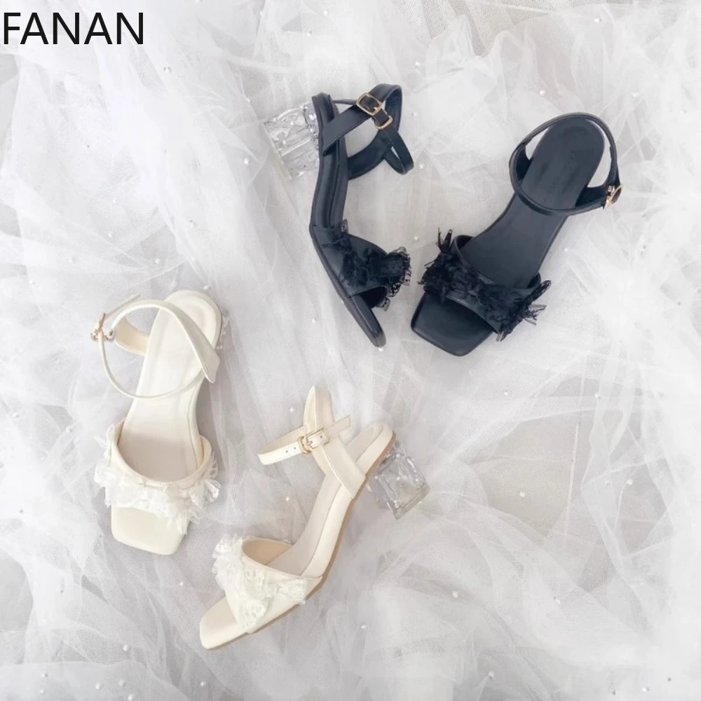 

Elegant Vintage Women's Sandals Lace Bow Rhinestone High Heel Sandals Japanese Sweet Shoes for Women Non-Slip Princess Shoes