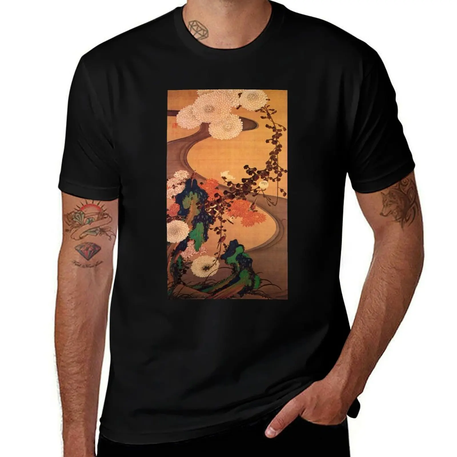 

Ito Jakuchu Chrysanthemums by a Stream with Rocks T-Shirt Luxury man Funny t-shirts blacks graphics black t shirts for men