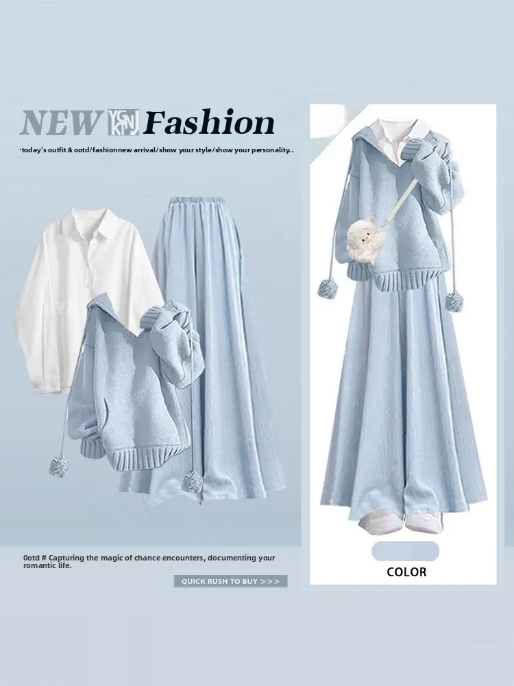 

Autumn Winter College Sle Women's Dopane Anti-Aging Hooded Knitted Sweater Layered irt Slimming Wide Leg Pants Set