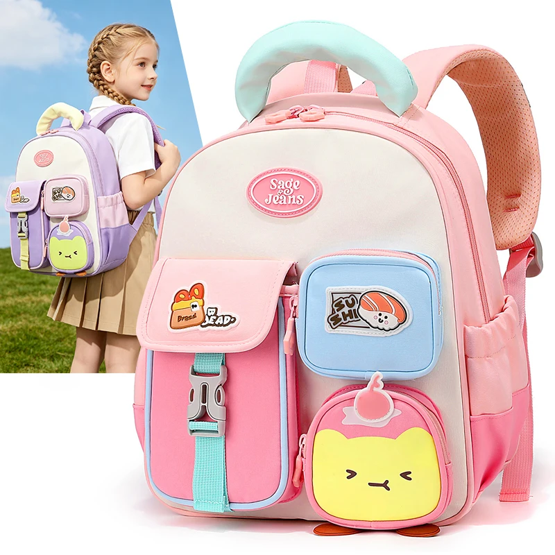 Kawaii Pink Kids Backpack with Cartoon Patches Breathable Orthopedic Children School Bag for Preschooler Girl Boy Travel Daypack