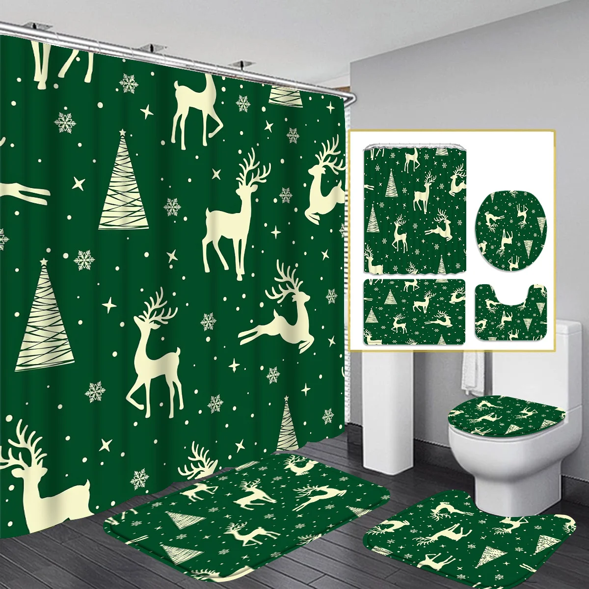

Christmas Tree Decorative Shower Curtain Bathroom Set - Machine Washable, with 12 Hooks, including Toilet Seat Cover and Bathtub