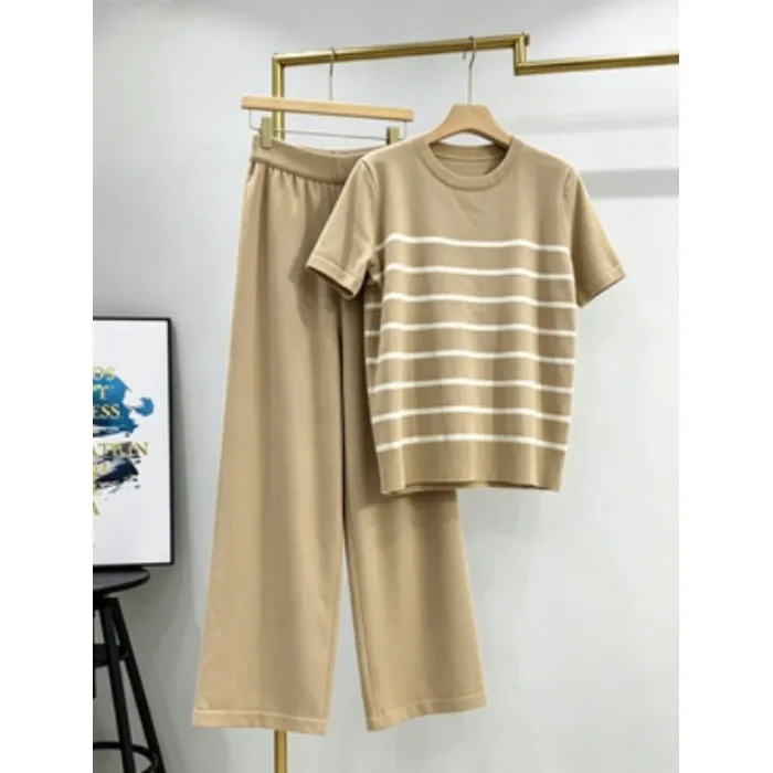 

Summer New Women's Stripe round Neck Short Knitted Ice Silk Top Loose Wide Leg Pants Two Piece Set Commute Style Casual Sport...