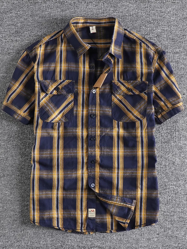 Summer New American Retro Short Sleeve Lapel Classic Plaid Shirt Men\'s Fashion 100% Cotton Washed Double Pocket Casual Blouses