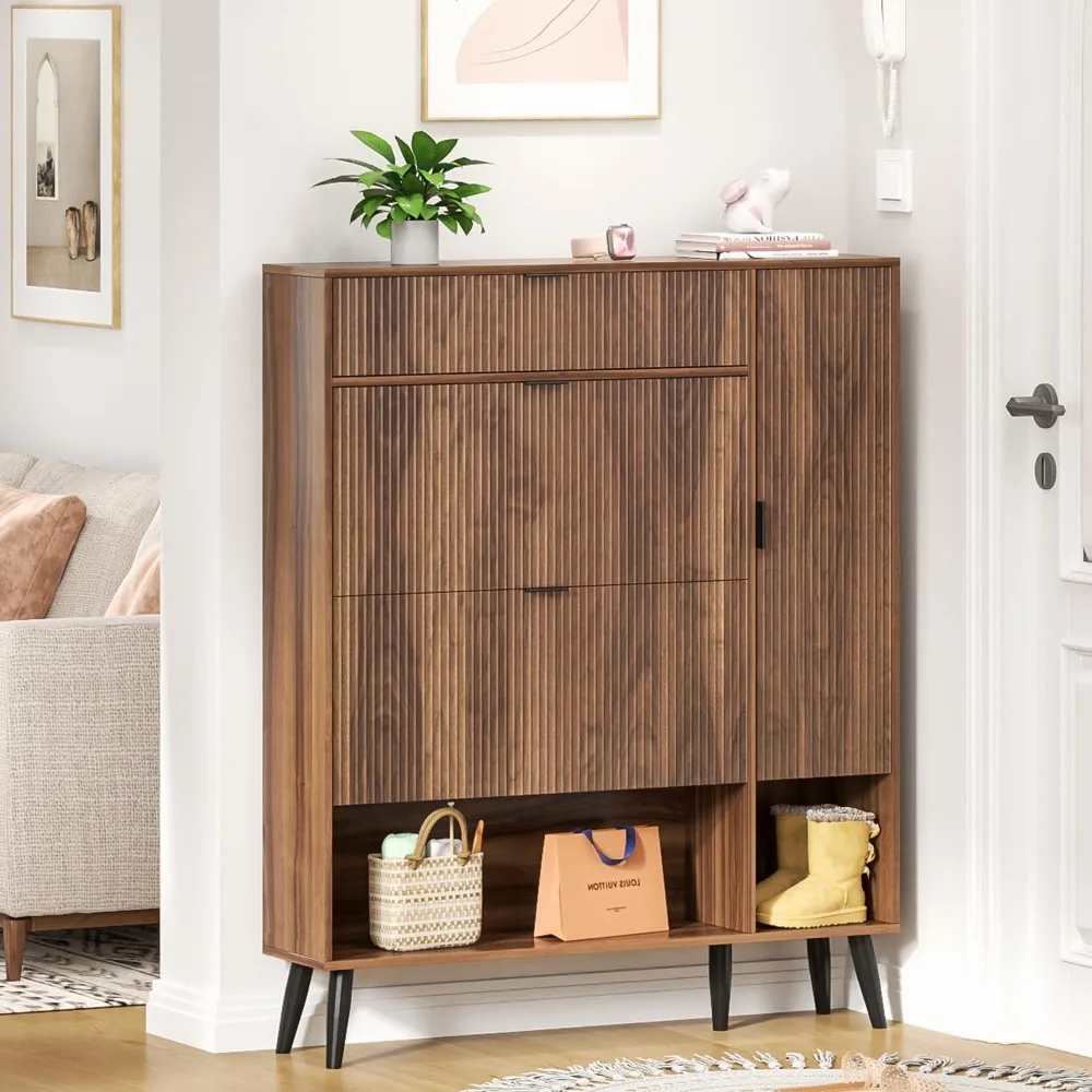 

Шкаф для обуви в фермерском доме, тонкий шкаф для обуви для прихожей, рифленая полка для обуви с двумя откидными ящиками, коричневый органайзер для прихожей