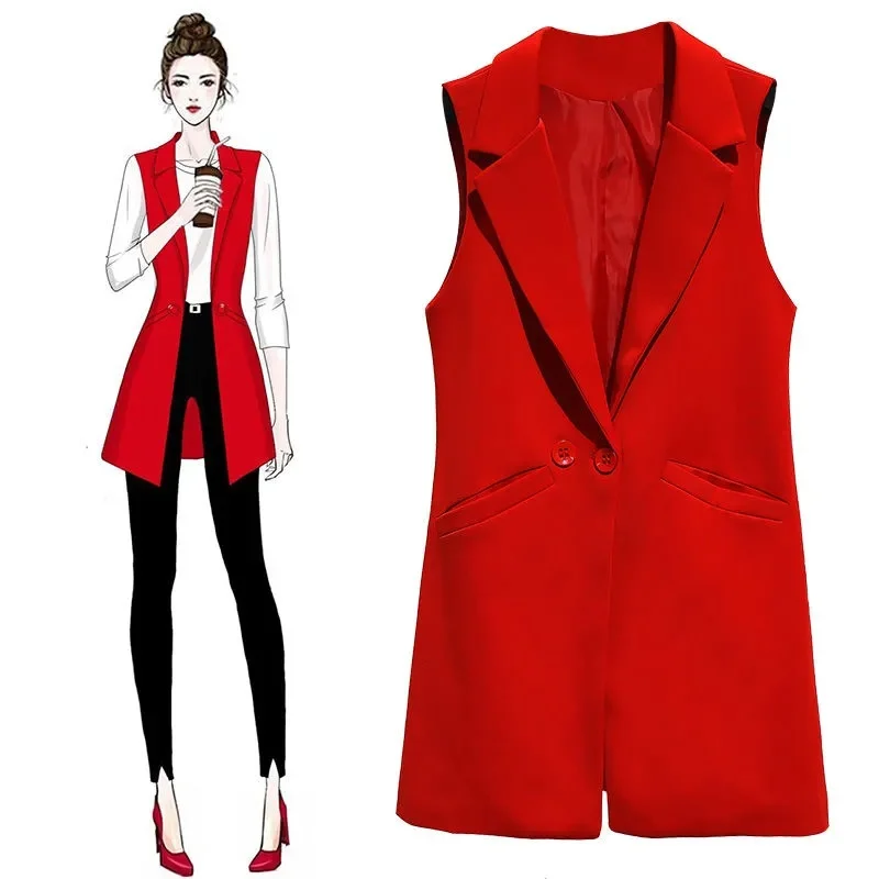 2024 Vest Women Sleeveless Jacket Coat Long Vest Blazer Formal Work Ladies Office Vintage Slim Suit Waistcoat Female Oversize