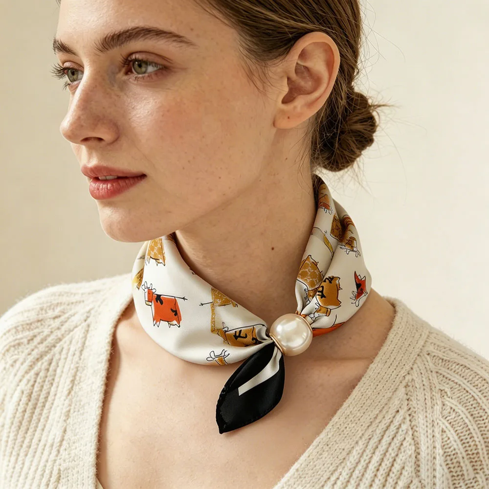 

Silk Fashion Scarf Buckle Collarbone Neck Scarf Chain Thin Pearl Lazy Magnetic Pendant Wraps Headscarf Foulards Femme Brands