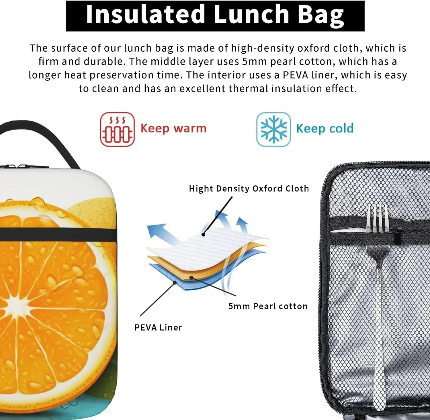 Bolsa de almuerzo con aislamiento divertido de fruta naranja fresca, bolsa de almuerzo impermeable, bolsa refrigeradora de almuerzo reutilizable para el trabajo, oficina, Picnic, viajes